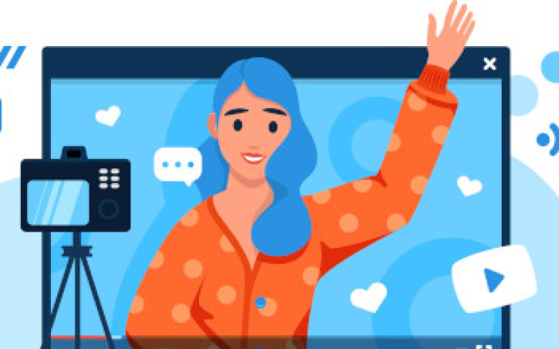 Grafik einer Frau vor einer Videokamera. Im Hintergrund ist ein Bildschirm zu sehen.